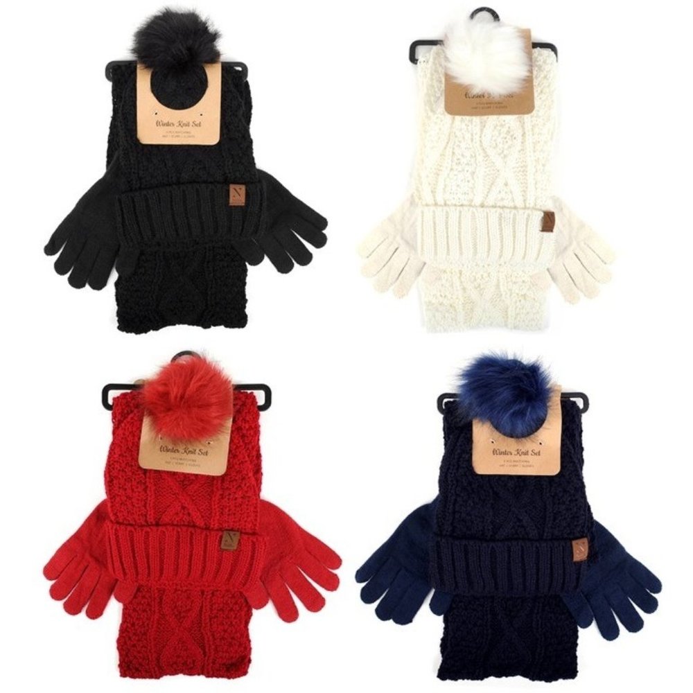 Women's Winter Knit Hat Gloves & Scarf Matching Sets 3-Pc